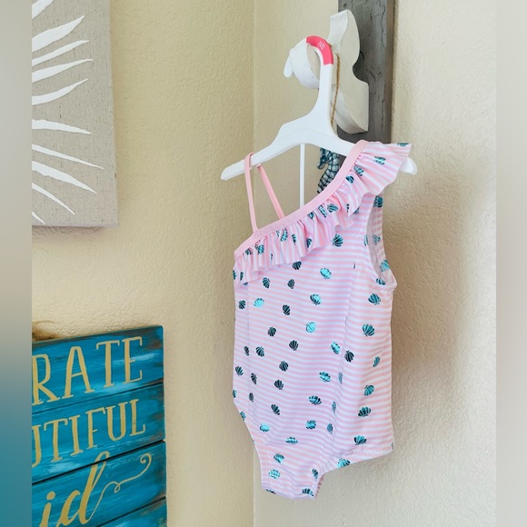 Pink Platinum Girls Baby Pink White Stripes Shell One Shoulder Swimsuit … - Picture 8 of 12